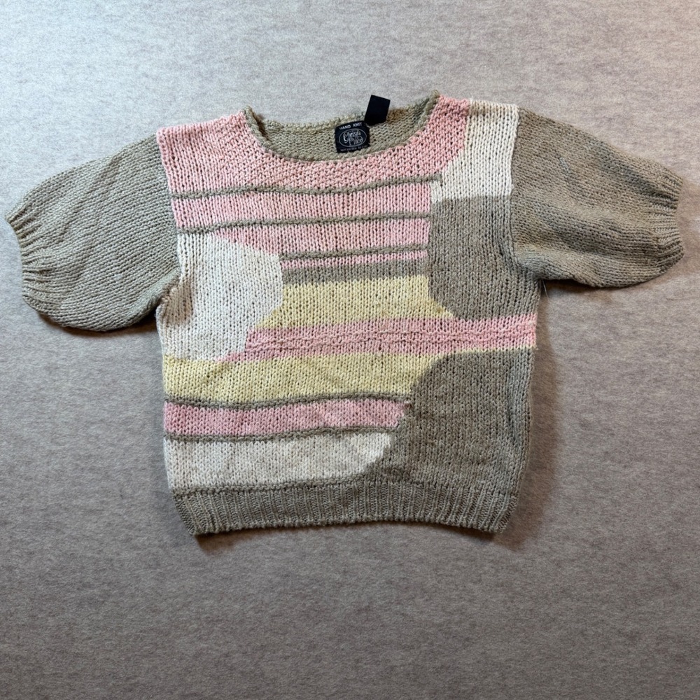 Chelsea Place Korean Ramie Hand Knit Sweater Pink Colorblock Short Sleeve Sz M